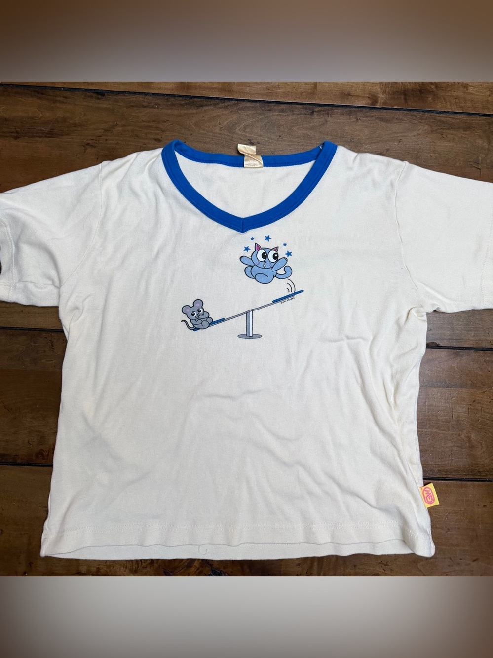 Girl Wonder White & Blue Ringer Tee with Playful Seesaw Graphic